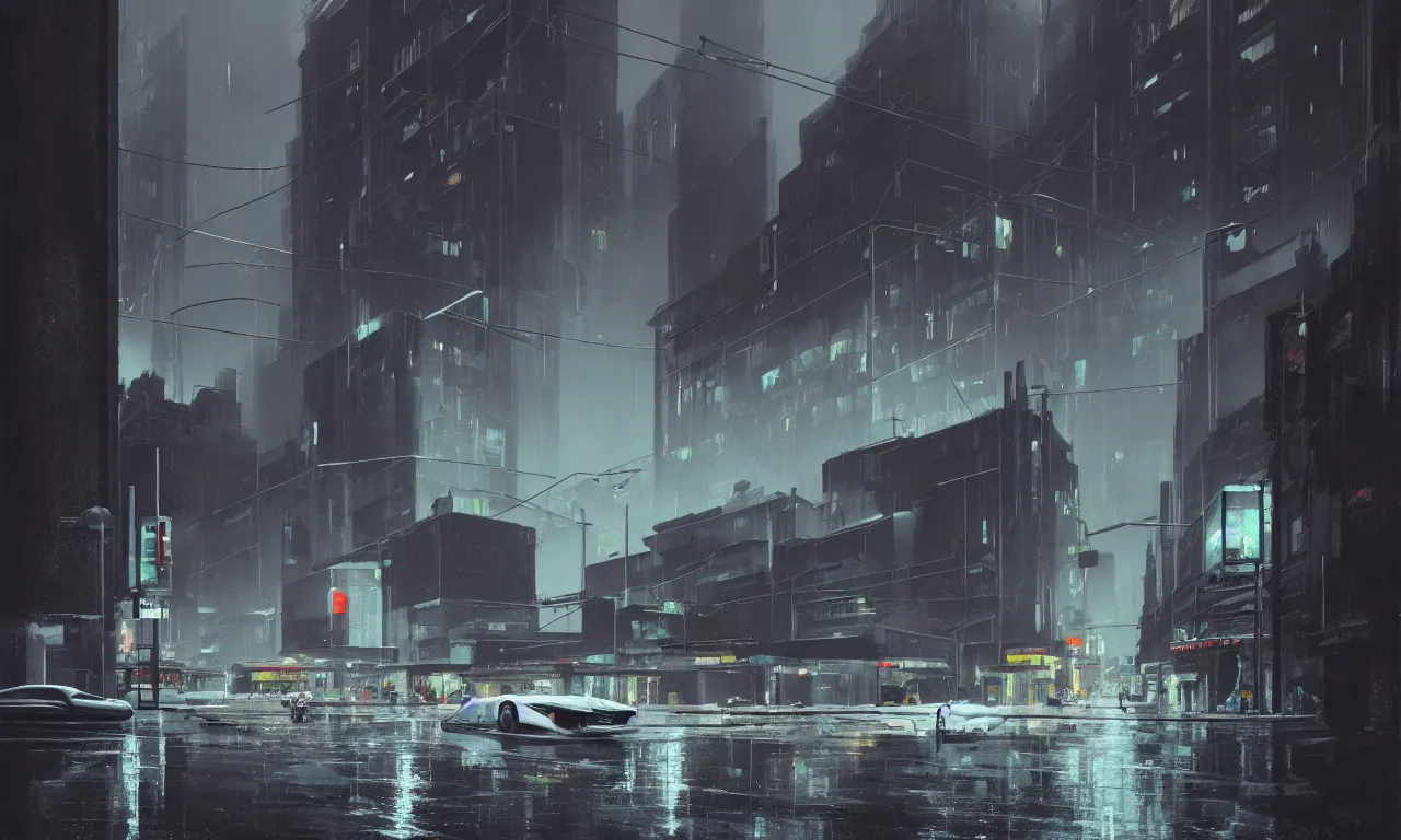 Image similar to photorealistic streetscape, simple brutalist architecture, metal, concrete, puddles of water, white neon lights, neon signs, flying vehicles, pedestrians, greg rutkowski, syd mead, ralph mcquarrie, concept art, matte painting, finely detailed, minimal artifacts, rule of thirds, dynamic lighting, cinematic, denoised, centered, artstation