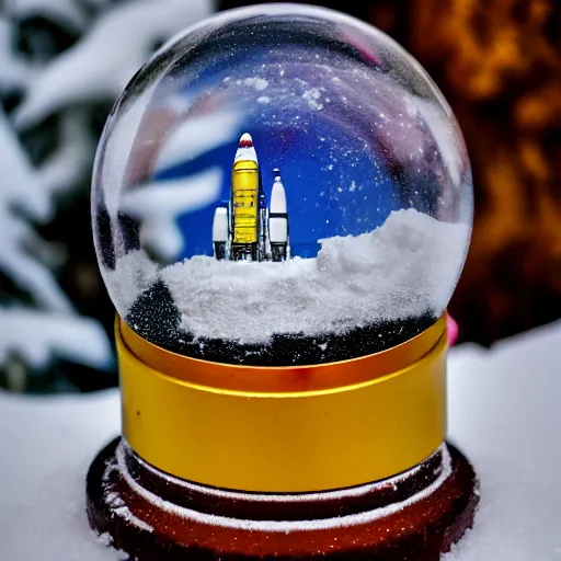 Prompt: a space rocket inside a snow globe, 3 5 mm, disposable film, lens blur, 8 k, realistic, dramatic backlighting