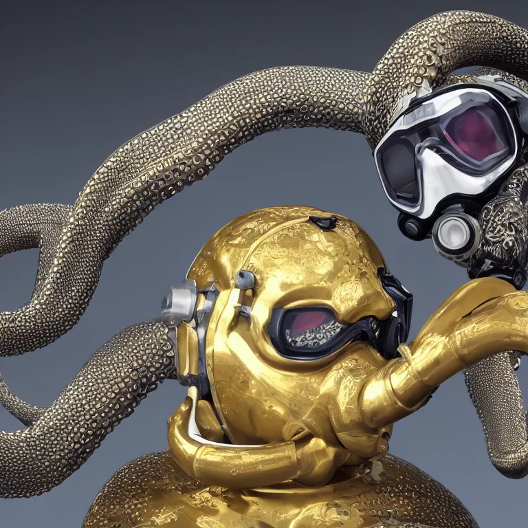 Image similar to octane render portrait by wayne barlow and carlo crivelli and glenn fabry, subject is a futuristic scuba diver with a shiny reflective silver metal helmet with colorful reflective goggles and covered in black ribbed rubber hoses, wrapped up in and completely covered by giant long shiny reflective golden octopus tentacles, cinema 4 d, ray traced lighting, very short depth of field, bokeh