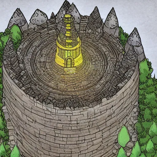 Image similar to A wizard tower next to a few mines and a few caves, lineart, colored