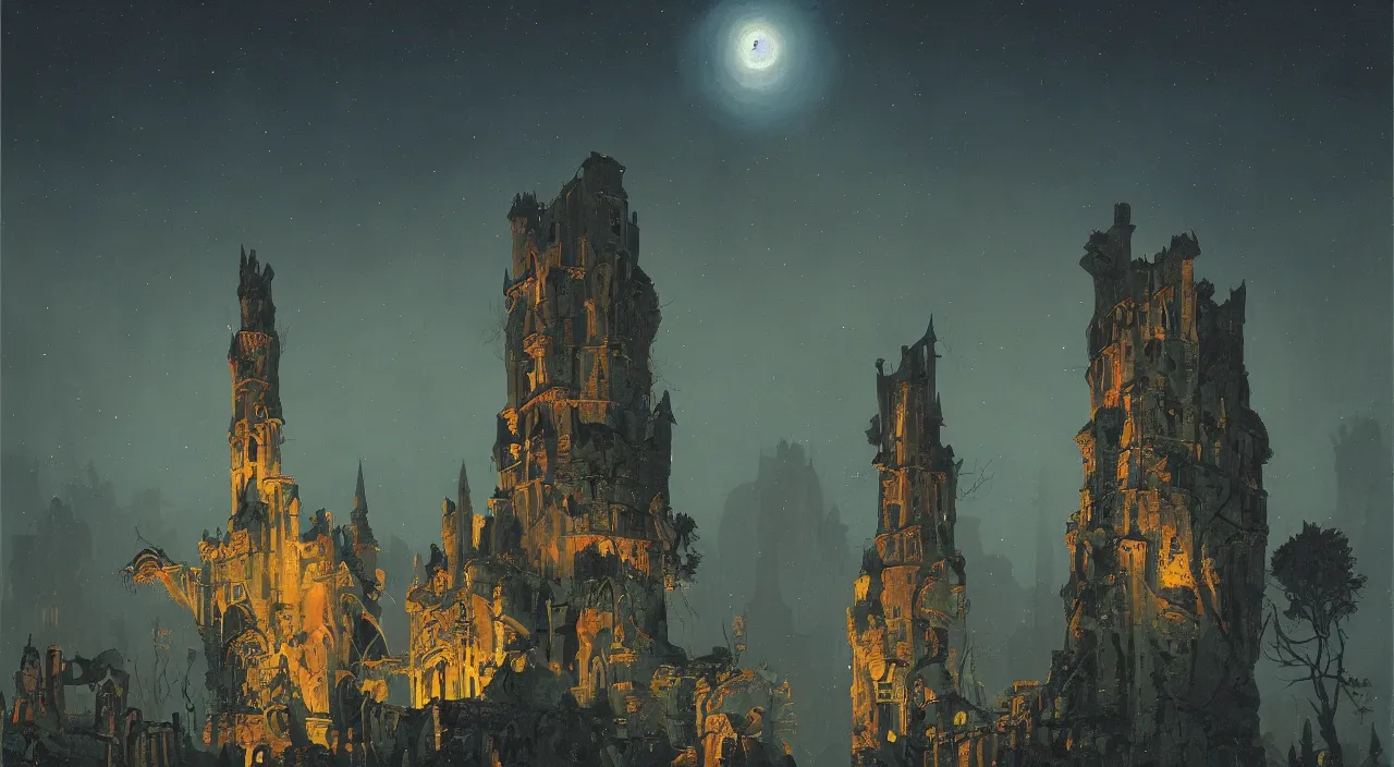 Prompt: a high contrast painting of a flooded ancient tower at night by simon stalenhag roger dean carl spitzweg rene magritte max ernst, full-length view, highly detailed, vibrant colors, extremely high contrast!, symmetry, great composition, high detail, cinematic lighting, award winning masterpiece, trending on artstation