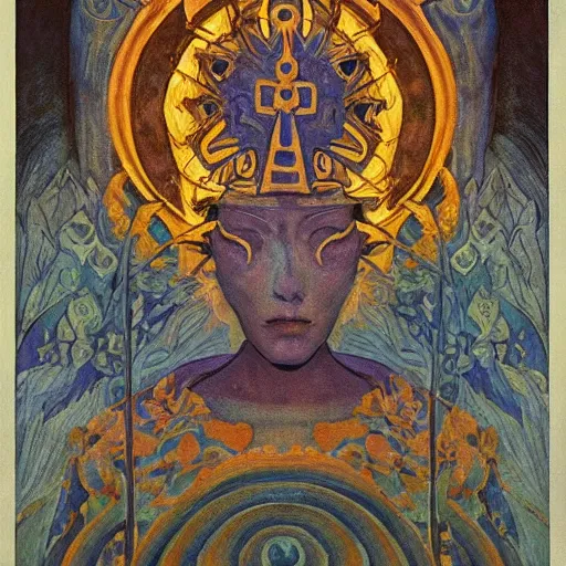 Prompt: crown of shadows, by Annie Swynnerton!! and Nicholas Roerich! and (((((( Diego Rivera)))))), bioluminescent skin!, elaborate costume, geometric ornament, symbolist, rich colors, dramatic lighting, smooth, sharp focus, extremely detailed