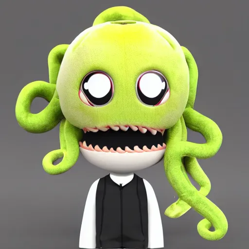 Image similar to cute fumo plush of a boy with a tentacle monster in his backpack sticking out its head, black and white, vray