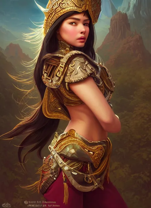 Image similar to portrait of russian mexican asian girl jodhpurs hyperborea lemuria, deep focus, d & d, fantasy, intricate, elegant, highly detailed, digital painting, artstation, concept art, matte, sharp focus, illustration, hearthstone, art by rhads by artgerm and greg rutkowski and alphonse mucha