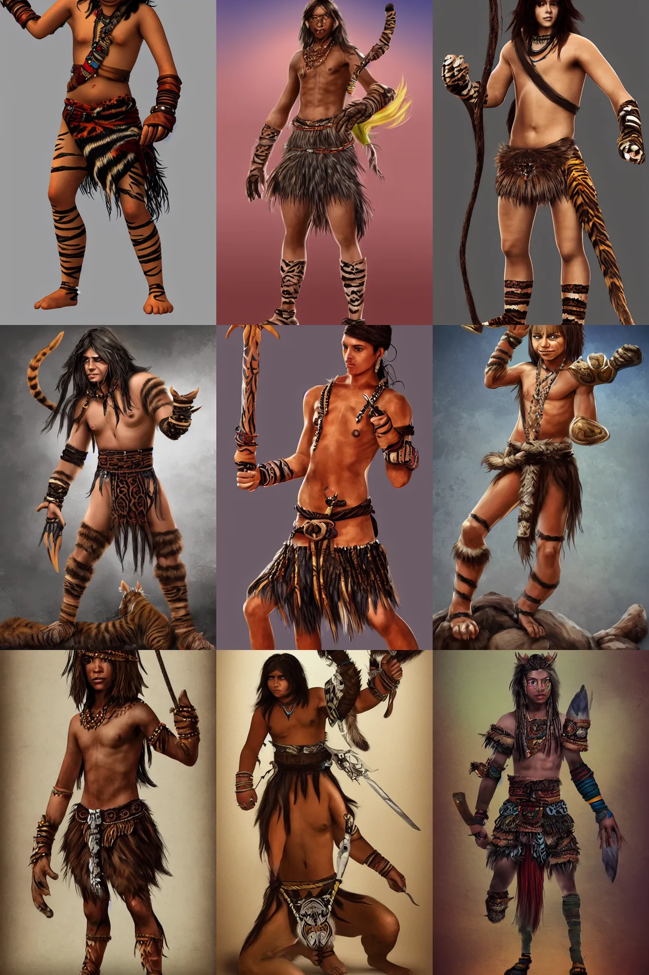 Prompt: digital art of tribal boy with long hair, loincloth, taxidermy tiger paws with claws as gauntlet gloves weapon, artstation