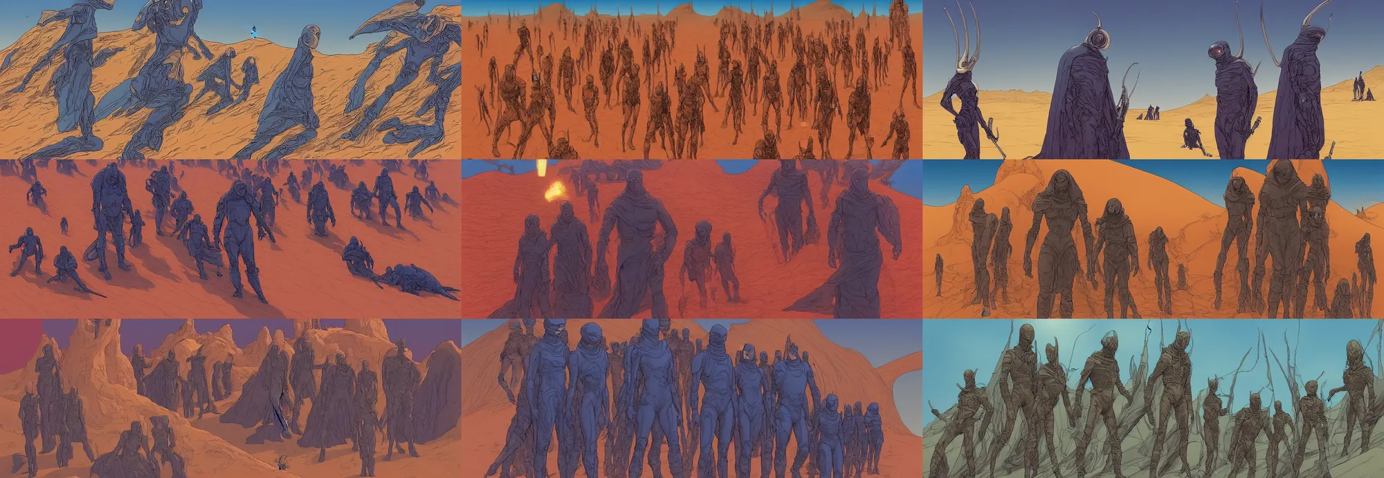 Prompt: dune 2021 by Denis Villeneuve but the Fremen are redesigned to be imaginative creative inhuman aliens on blue desert sand in alien world, art by moebius, Jean Giraud, cinematic, widescreen, 4k