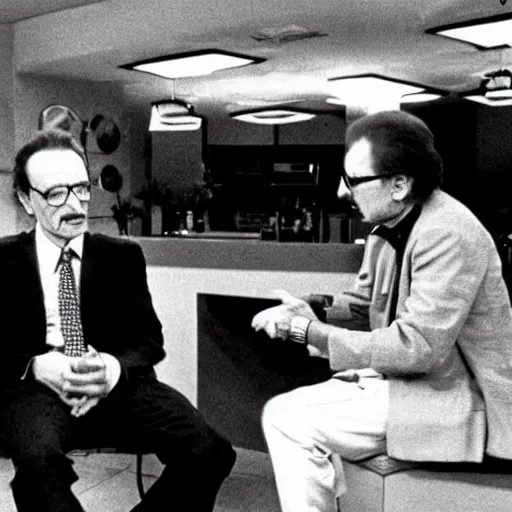 Image similar to Walter White being interviewed by Larry King. 1983.