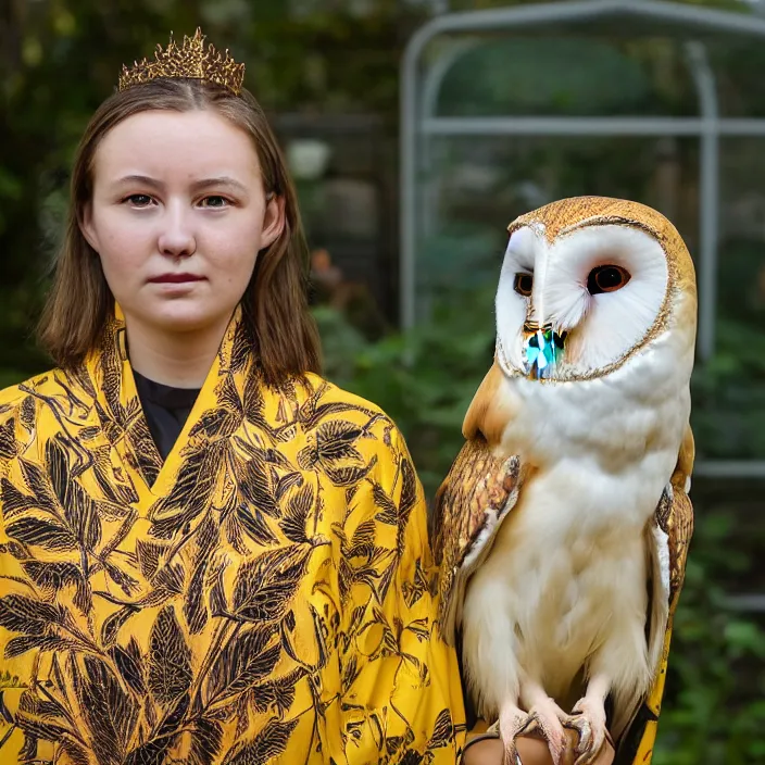 Image similar to portrait photograph of an extremely beautiful!!!! young female , symmetric face!, symmetric round detailed eyes!!, slight smile, natural light, wearing a yellow kimono!! with a very detailed barn owl! on her shoulder in a tropical greenhouse. looking at the camera!!. golden crown made of golden leaves. super resolution. Extremely detailed. Graflex camera!, bokeh!!!!! trending on artstation.