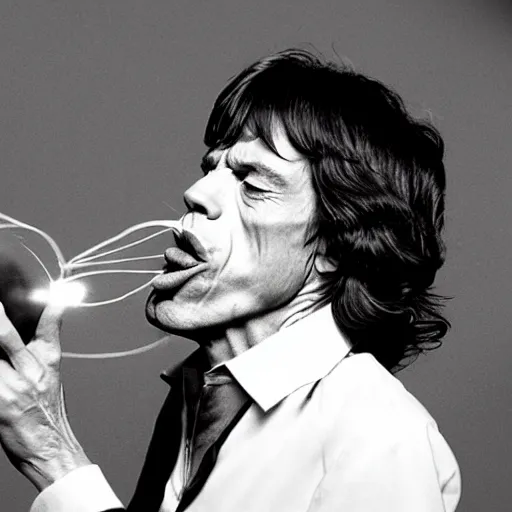 Prompt: Mick Jagger blowing a balloon