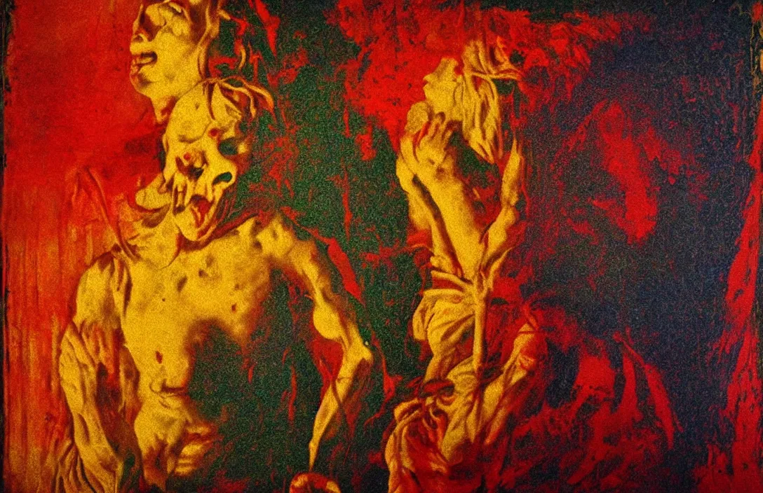 Image similar to most glorious colours ever put on canvas emotional bond between the two the precision of drawing makes the final effect that of a shallow relief sculpture intact flawless ambrotype from 4 k criterion collection remastered cinematography gory horror film, ominous lighting, evil theme wow photo realistic postprocessing once in a lifetime pieter s aenredam