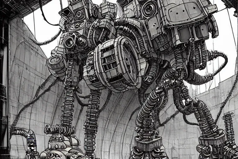 Image similar to dieselpunk mechs that look like Dragonfly, inside an gigantic underground concrete doom hangar, interior structure, drains, storm drains, jungle, vines, algea, cables, panels, walls, ceiling, floor, doors, brutalist architecture, intricate ink drawing, highly detailed in the style of Ashley Wood, moebius and Tsutomu Nihei, photorealistic, cinematic, intricate detail, well lit,