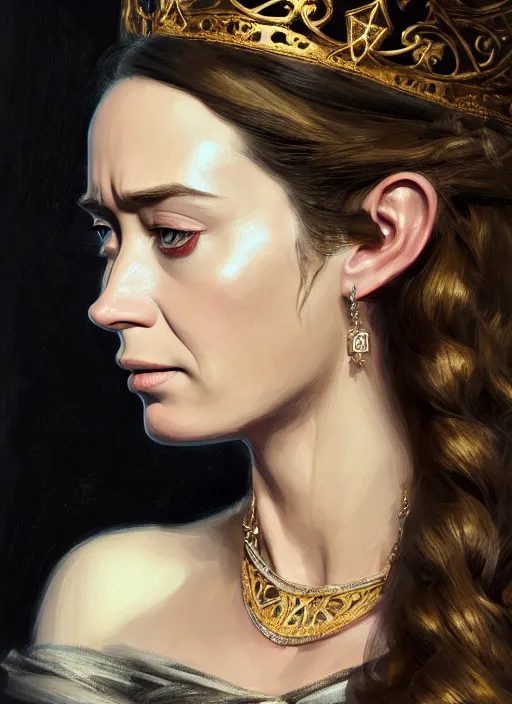 Image similar to portrait of emily blunt as beautiful queen, jewelry, greek, dark, victorian age, 1 8 9 0, intricate, headshot, key visual, conceptart, ambient lighting, highly detailed, digital painting, artstation, concept art, sharp focus, by makoto shinkai and akihiko yoshida and greg manchess