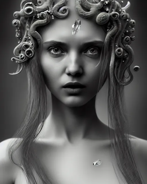 Image similar to surreal mythical dreamy underwater artistic black and white 3 d render of a translucent beautiful young female angelic - medusa - vegetal - doll, highly detailed, intricate crystal ivy jelly ornate, poetic, translucent algae ornate, digital art, octane render, 8 k artistic photography, photo - realistic, hg giger flora borsi