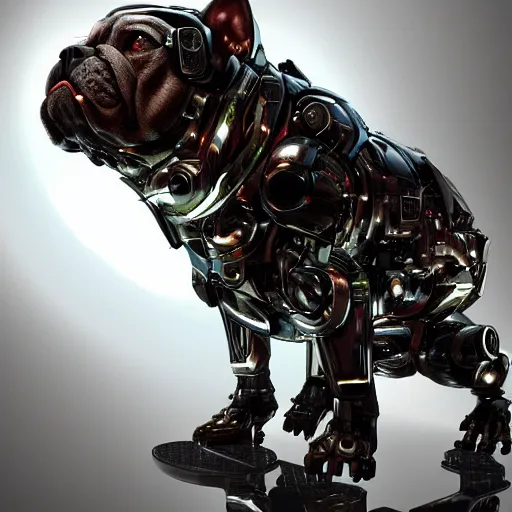 Image similar to « a cyborg bulldog sitting down, cyberpunk art by grillo demo, cgsociety, computer art, future tech, made of liquid metal, sketchfab »