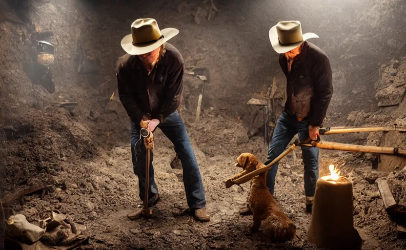 Prompt: a dirty golden retriever finding many large gold nugget piles in a dark mine and wearing a black western hat and jacket, dim moody lighting, wooden supports and wall torches and pick axes, cinematic style photograph