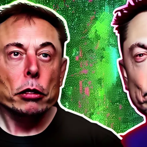 Image similar to joe rogan and elon musk trippy, real life, 8 k, 4 k uhd, realistic, hyper realistic, super detailed, very detailed, detailed