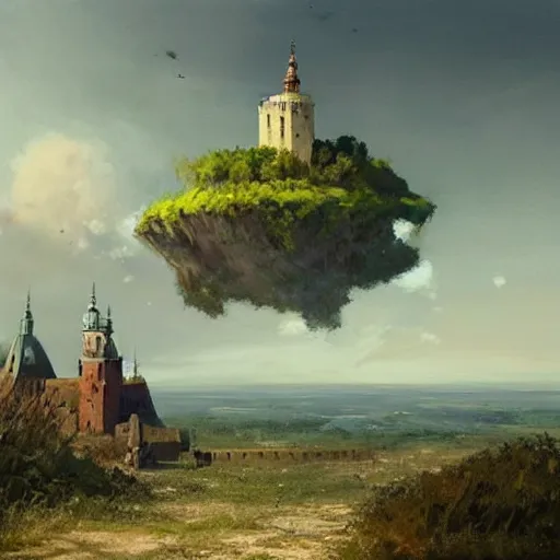 Prompt: greg rutkowski painting of an island floating in the air above a barren wasteland, on the island there is a cracow wawel castle and a lot of green vegetation, beautiful, detailed