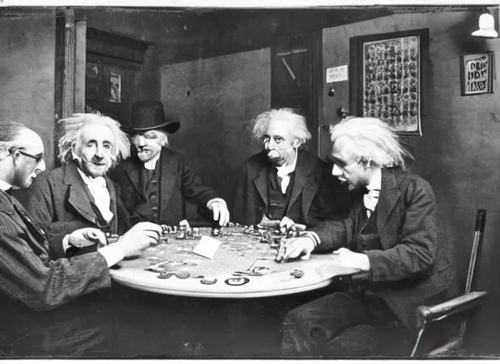 Image similar to photograph of albert einstein and isaac newton and stephen hawkins playing poker in an old west saloon