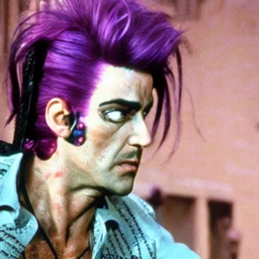 Prompt: a film still of diavolo with purple hair from jojo in goodfellas