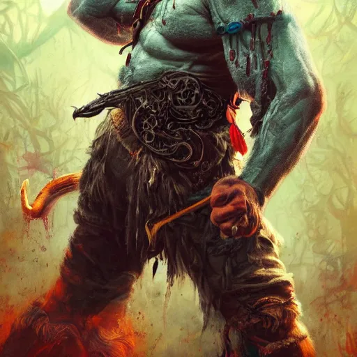 Prompt: detailed photo of a Half-orc bard portrayed by Gary Busey playing a fiddle, 8k,by Tristan Eaton, Stanley Artgermm, Tom Bagshaw, Greg Rutkowski, Carne Griffiths, trending on DeviantArt, face enhance, hyper detailed ,full of color, dramatic lightning, epic stance