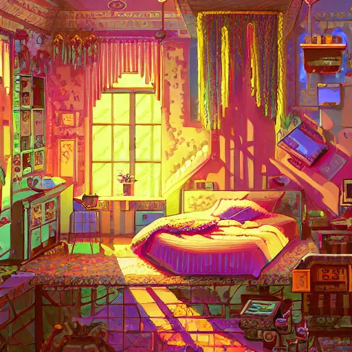 Image similar to 9 0 s bedroom, beautiful detailed pixel art, intricate details, beautiful, dithered gradients, volumetric lighting, cgsociety, artstation, smooth, sharp focus, 2 d illustration, old school computer game graphics, crpg, d & d, pixel art