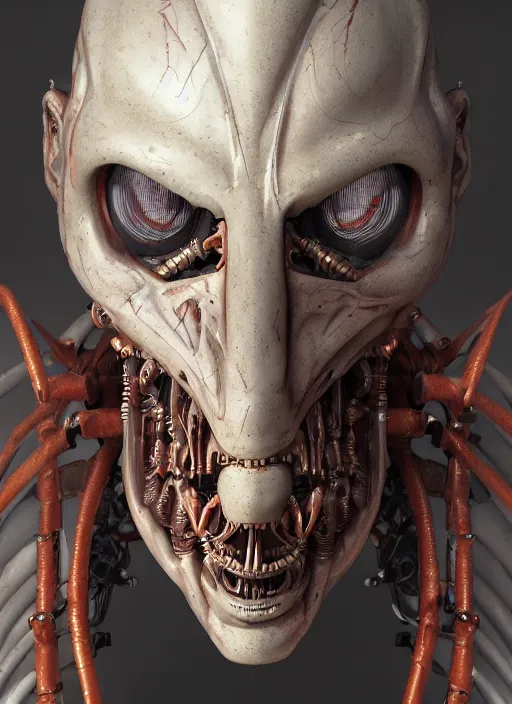 Image similar to a portrait up of a creepy looking biomechanical demon head, gigeresque cyberpunk art by ikuo hirayama, photorealism, octane render, behance hd, polycount, glowing fire background