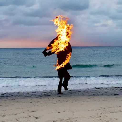 Prompt: pianist on fire playing in the beach