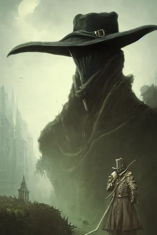 Image similar to A fancy portrait of a green plague doctor by Greg Rutkowski, Dan Mumford, Christophe Vacher, Sung Choi, Bloodborne, 8k photorealistic, volumetric lighting, HD, high details, dramatic, dark atmosphere, trending on artstation