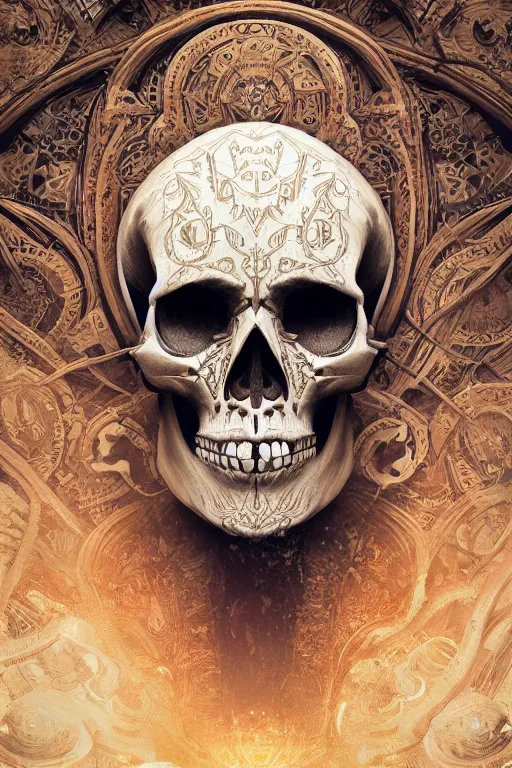 Image similar to concept art skull, the skull is decorated with art deco patterns, close - up portrait, powerfull, intricate, elegant, volumetric lighting, scenery, digital painting, highly detailed, artstation, sharp focus, illustration, concept art, ruan jia, steve mccurry