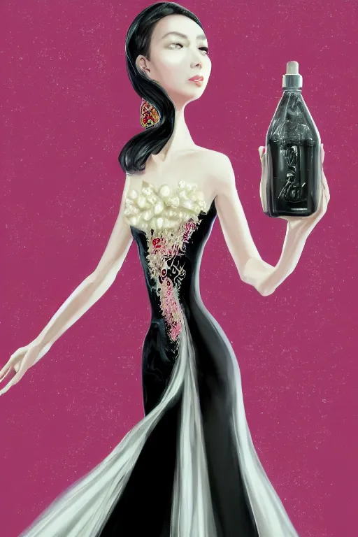 Prompt: a beautiful 4 0 years old chatain hair woman in a pink - red long dress levitates three precious little transparent bottle filled with a magic ivory white liquid with a black sticker on it, fantasy, intricate, elegant, highly detailed, digital painting, artstation, concept art, matte, sharp focus, illustration,