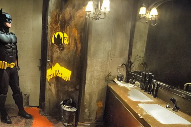 Prompt: michael keaton as batman offering lots of orange juice, dirty disgusting brown bathroom with cracked tiles and mold, atmospheric eerie lighting, dim lighting, bodycam footage, motion blur, blurry photography