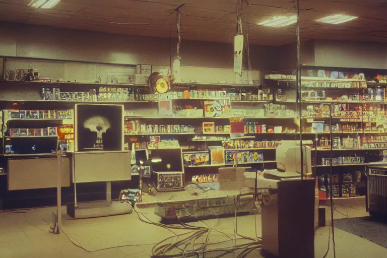 Prompt: large metallic skull attached to an infinitely long coiled cable, stoic and calm, inside of an unlit 1970s convenience store with a soviet computer console on the wall, ektachrome photograph, volumetric lighting, f8 aperture, cinematic Eastman 5384 film