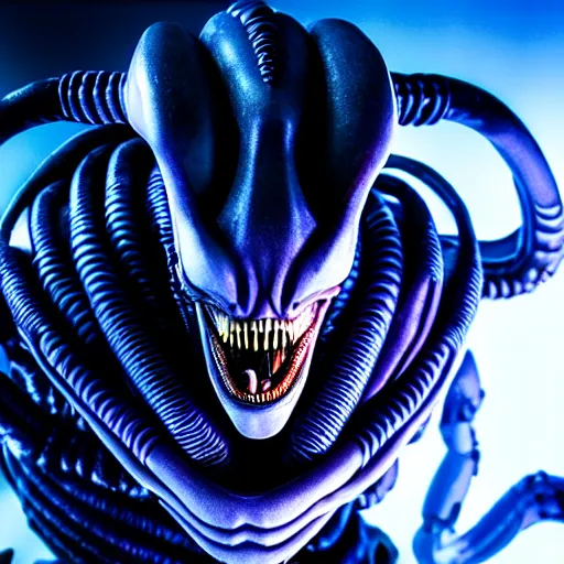 Image similar to a xenomorph looking menacingly at the camera, dramatic blue lighting