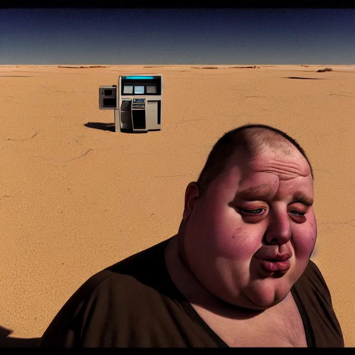 Image similar to hyperrealistic mixed media portrait of a moridly obese man using an ATM machine in the middle of a barren desert wasteland, despair, depressing and hopeless vibe, stunning 3d render inspired art by P. Craig Russell and Barry Windsor-Smith + perfect facial symmetry + dim volumetric lighting, 8k octane beautifully detailed render, post-processing, extremely hyperdetailed, epic composition, grim yet sparkling atmosphere, cinematic lighting + masterpiece, trending on artstation