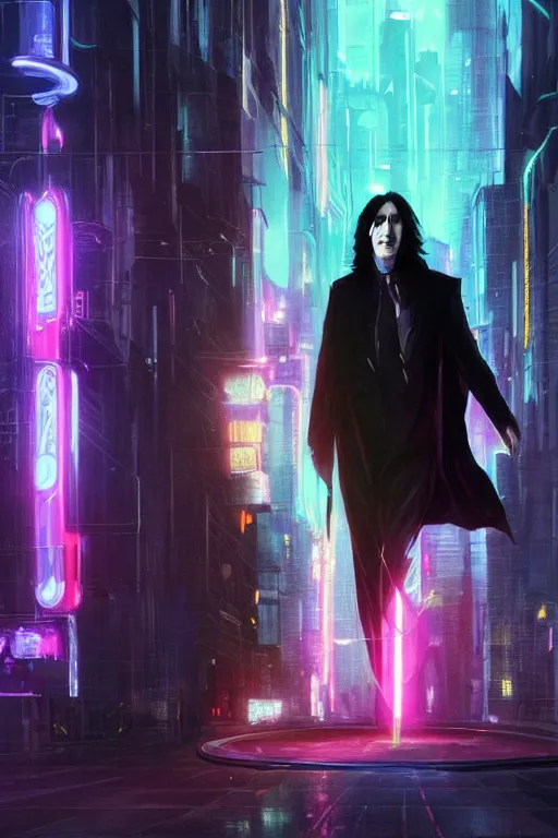 Image similar to portrait of severus snape with holograms in cyberpunk, neon lighting, night city, digital art from artstation by Ruan Jia and Mandy Jurgens and Artgerm and william-adolphe bouguereau and Greg Rutkowski