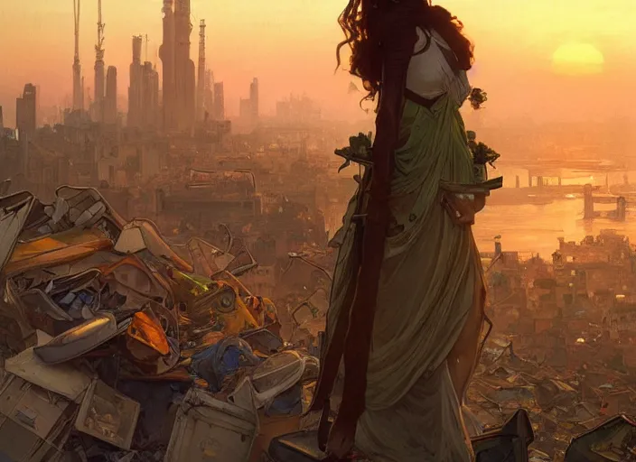 Prompt: seen from window, garbage dump, city is pure wasteland, sunset in background, detailed characters, alphonse mucha, greg rutkowski, trending on artstation, artgerm, breathtaking, sharp focus, smooth, mark arian, award winning, highly detailed 4 k art