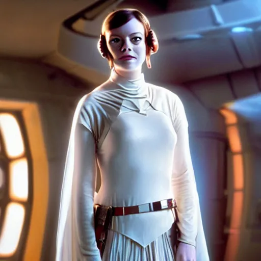 Image similar to Emma Stone as Princess Leia from Star Wars, movie scene