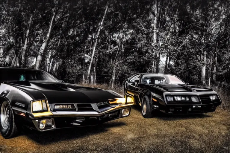 Image similar to close up of micheal knight wearing biker jacket standing next to pontiac firebird trans - am with black paint, sunrise, eerie light, fireflies, dramatic, cinematic, forest, horror, sunbeams, volumetric lighting, wide shot, low angle, lightning storm hitting the car