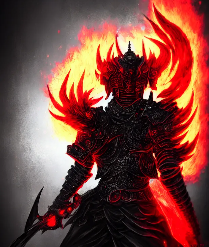 Prompt: a detailed manga portrait illustration of a dark warrior in black plated armour surrounded by red flames, trending on artstation, digital art, 4 k resolution, detailed, octane render, high quality, sharp focus, hq artwork, insane detail, concept art, character concept, character illustration, full body illustration