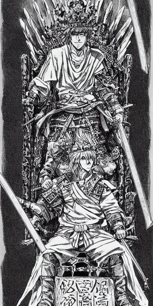 Image similar to a king on a throne drawn by Makoto Yukimura in the style of Vinland saga