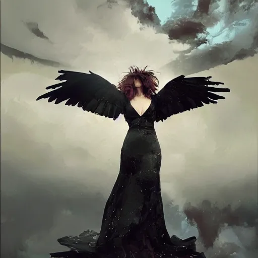 Prompt: morning, a woman in a black dress with raven for a head. sun, cinematic, clouds, vogue cover style, contracting colors mood, realistic painting, intricate oil painting, high detail, figurative art, multiple exposure, poster art, 3 d, by simon bisley, ismail inceoglu, wadim kashin, filip hodas.