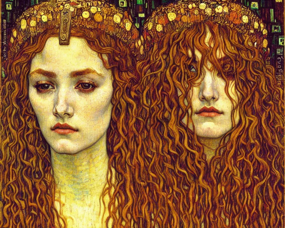 Image similar to detailed realistic beautiful young medieval queen face portrait by jean delville, gustav klimt and vincent van gogh, art nouveau, symbolist, visionary, gothic, pre - raphaelite, muted earthy colors, desaturated