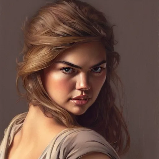 Image similar to portrait of kate upton, dark, piercing eyes, gentle expression, elegant clothing, photorealistic, highly detailed, artstation, smooth, sharp focus, art by michael whelan, artgerm, greg rutkowski and alphonse mucha