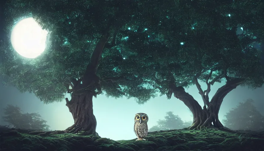 Image similar to very very small owl, sitting on a gigantic banyan tree in moonlit kerala by ilya kuvshinov, starry night, rtx rendering, octane render 1 2 8 k, maya, extreme high intricate details by tom bagshaw, medium shot, close up shot, composition by sana takeda, lighting by greg rutkowski