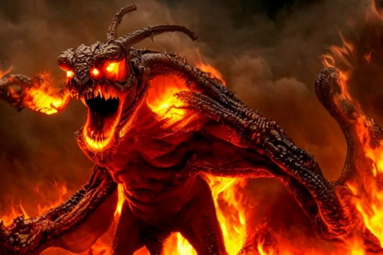 Prompt: movie still, enormous balrog roaring fire at the bridge of khazad - dum, style of h. r. giger, fiery, dark, realistic movie still, cinematic, cgi,