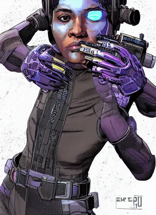 Image similar to selina igwe. apex legends cyberpunk spy stealth suit. concept art by james gurney and mœbius. gorgeous face.