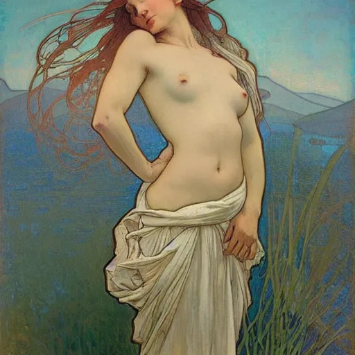 Prompt: tempera composed by alphonse mucha, by meredith marsone, by alexandre cabanel. the sculpture of two lakes in connecticut, with mountains in the distance.