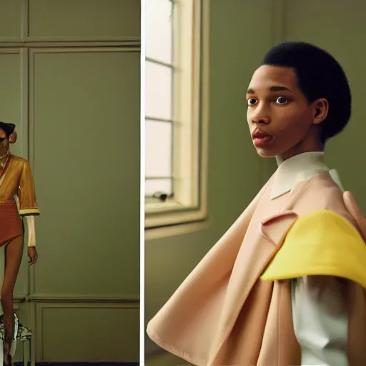 Image similar to realistic photoshooting for a new balenciaga lookbook, color film photography, portrait of a beautiful woman, by photo in style of Tyler Mitchell, wes anderson, Julia Hetta, Tim Walker, Petra Collins, 35mm,