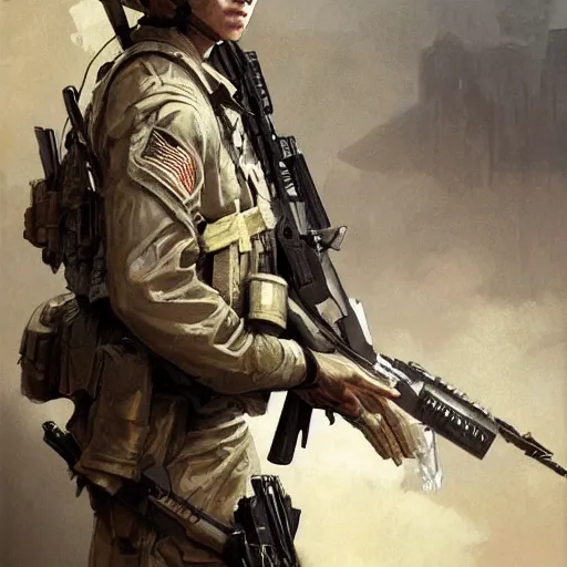 Image similar to A pale young american soldier as an Call of Duty loading screen, very detailed face, gorgeous, beautiful, intricate, highly detailed, digital painting, artstation, concept art, sharp focus, illustration, art by greg rutkowski and alphonse mucha