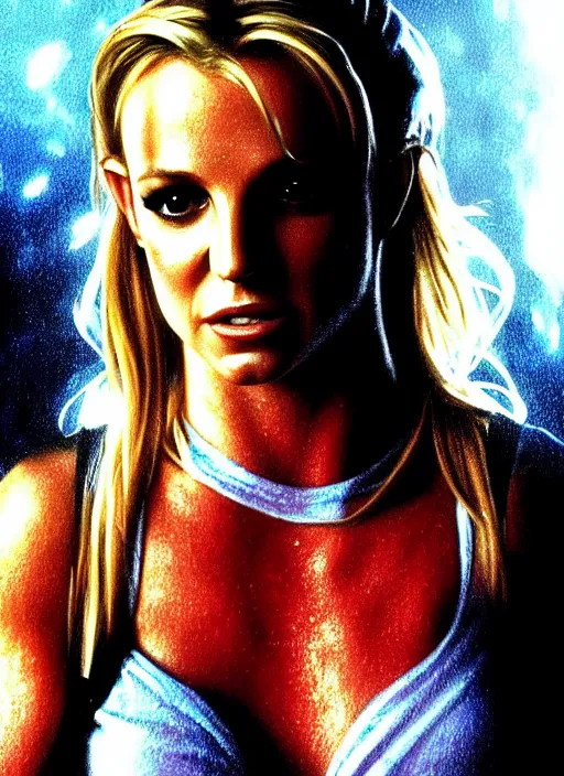 Image similar to A film still of Britney Spears as John Mcclane in die hard, highly detailed, digital painting, artstation, concept art, sharp focus, illustration, cinematic lighting, art by artgerm and greg rutkowski and alphonse mucha diffuse lighting, fantasy, intricate, elegant, highly detailed, lifelike, photorealistic, digital painting, artstation, illustration, concept art, smooth, sharp focus, art by John Collier and Albert Aublet and Krenz Cushart and Artem Demura and Alphonse Mucha